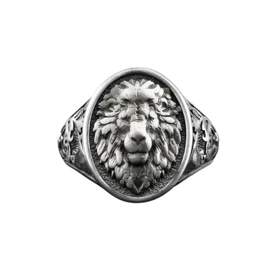 Bague chevalière ovale en argent gravée tête de lion sauvage délicate pour ho... - Photo 1/4