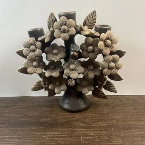 TREE OF LIFE MEXICAN FOLK ART CLAY POTTERY CANDELABRA MEXICO - Picture 1 of 6