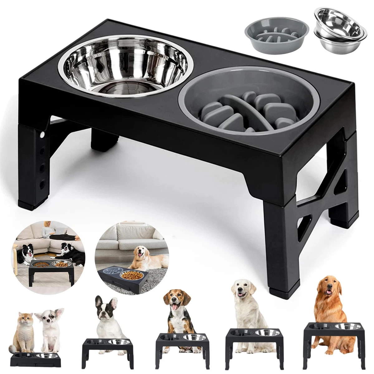 Tiernapf-Set Mit Edelstahlschalen – Erhöhter Futternapf Für Hunde & Katzen In Creme-Weiß