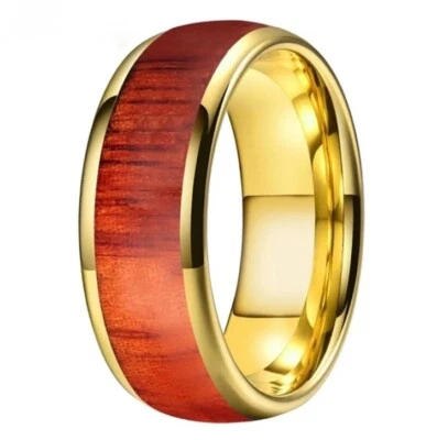 Anillo de carburo de tungsteno de 8 mm para hombres y mujeres con incrustaciones de madera roja ajuste cómodo banda de anillo Foto 1 de 4