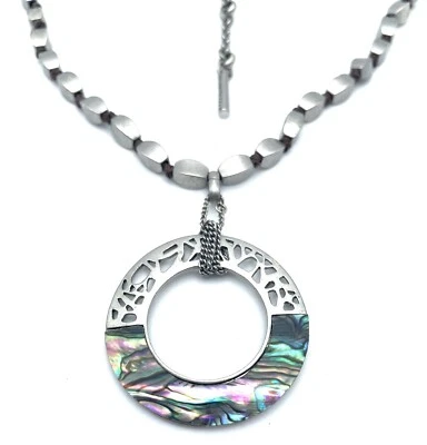 Kenneth Cole NY Abalone Pendant Necklace Silver Tone Bead Knotted Chain 18-20” - Image 1 of 4