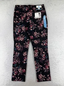 Bandolino Pants Womens 10 Black Pink Floral Amy Straight Leg High Rise Cotton - Picture 1 of 16