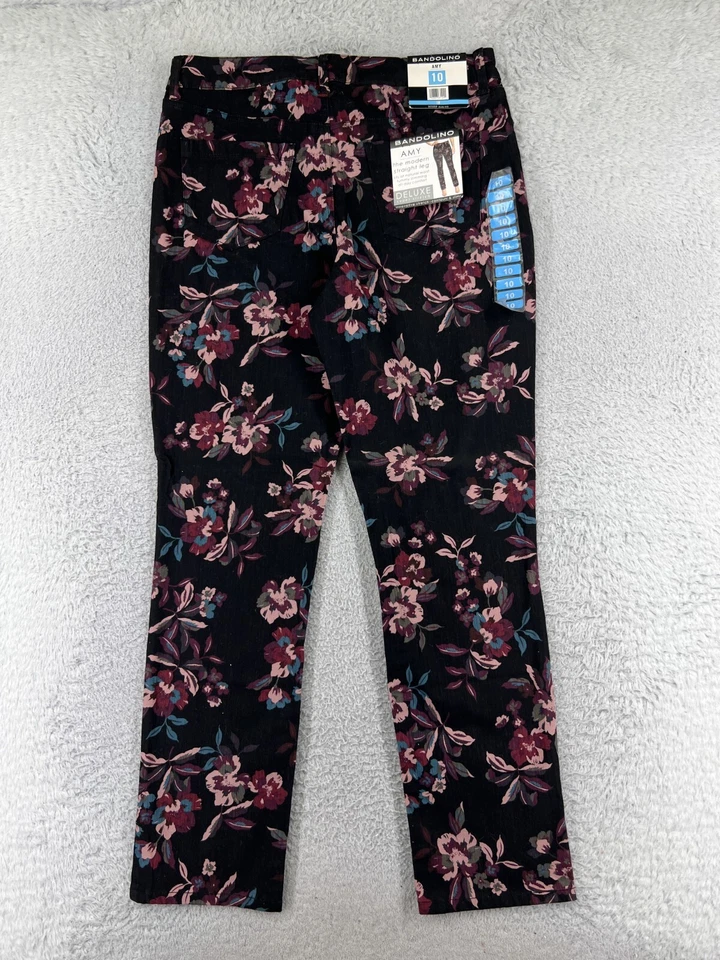 Pantalones Bandolino Mujer 10 Negro Rosa Floral Amy Pierna Recta Tiro Alto Algodón Foto 1 de 4