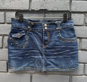 Vtg Denim Stretch Bright Blue Mini Skirt 13/14 Rhinestone Bedazzled Distressed - Picture 1 of 15