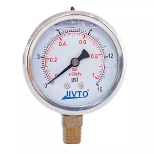 Pressure Gauge,Glycerin Filled,2-1/2" Dia,0-15 PSI, 1/4 NPT Lower Mount - Picture 1 of 15