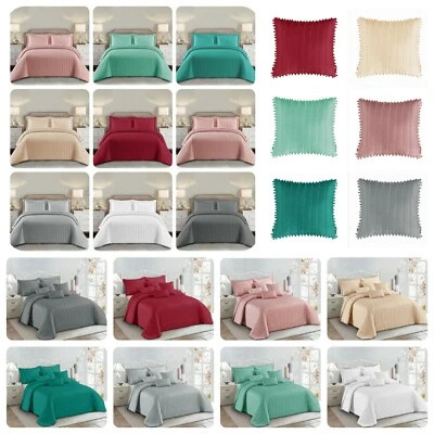 3psc Luxury Quilted Bedspread Pom Pom with 2 pillow case Double King SK Sizes* - Image 1 of 4