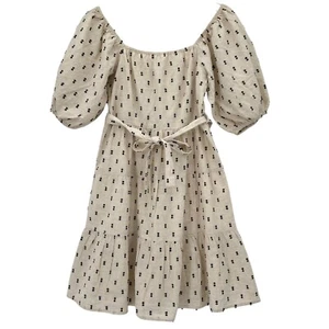 Sim & Sam Linen Blend Tiered Dress Size M Cottage Puff Sleeve Biege Natural - Imagen 1 de 10