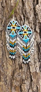 Tribal Earrings Native Large Boho American Seed Beads Handmade Earring - Picture 1 of 2