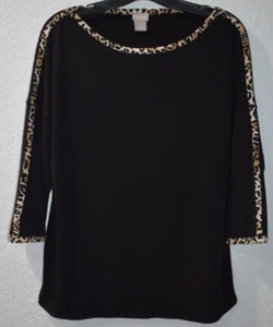 Top nero Chico's 0 (piccolo) elasticizzato aderente 3/4 slv ghepardo stampa animalier - Foto 1 di 19