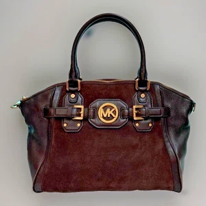 MICHAEL KORS LARGE HUDSON SUEDE & LEATHER COFFEE BROWN SATCHEL/CROSSBODY BAG - Picture 1 of 11