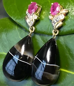 Vintage Ruby Diamond Agate Earrings Estate Fine Jewelry Pre-Owned 18K Teardrop - Picture 1 of 24