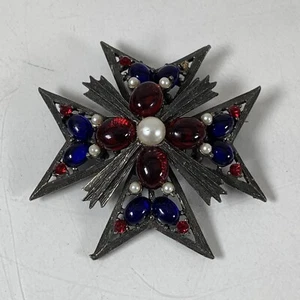 Vintage Weiss Maltese Cross Cabochon Pin Brooch Red White Blue - Picture 1 of 6