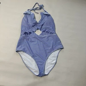 BNWT Aerie blue/white striped Full Coverage halter one piece swimsuit Women's XL - Picture 1 of 7