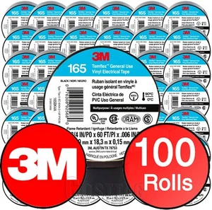 3M Temflex Vinyl Electrical Tape 165 Multi-purpose 3/4" X 60FT Black 100 Rolls - Picture 1 of 5