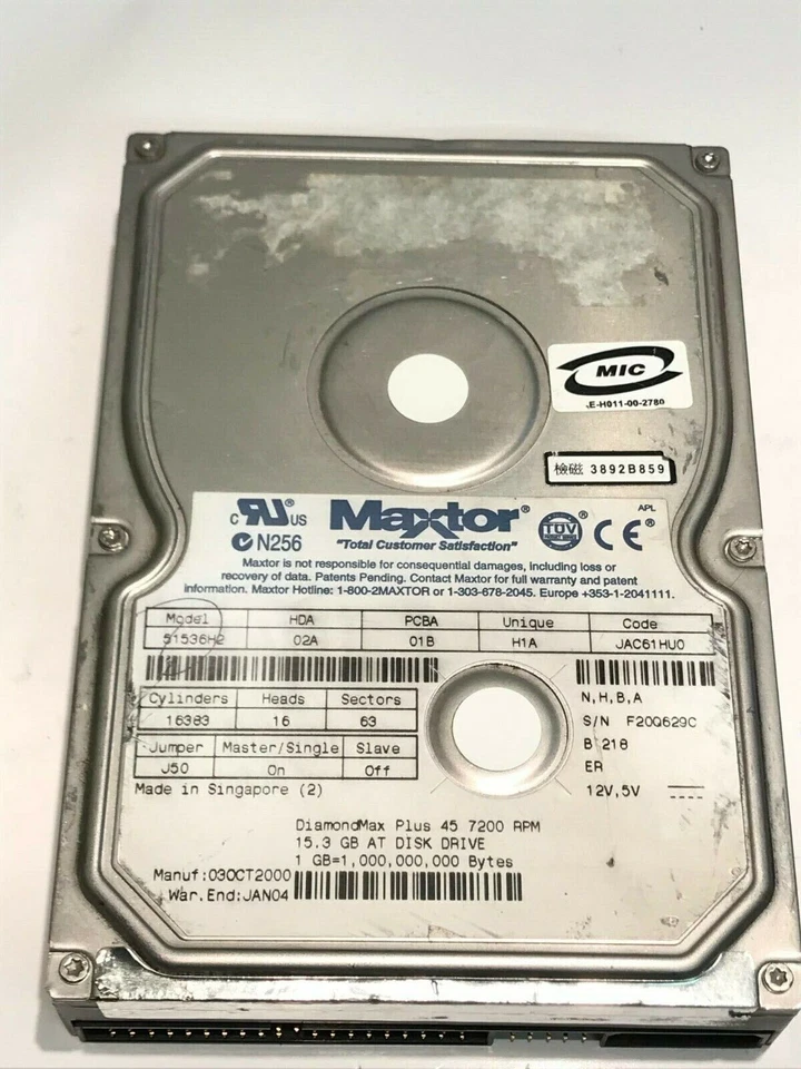 MAXTOR 51536H2 02A 01B H1A JAC61HU0 15.3GB IDE HARD DRIVE            aa5ge7 - Image 1 of 2