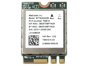 MEDIATEK MT7922A22M M.2 2230 WIFI 6E BLUETOOTH 5.2 CARD RZ616 0C011-00281200 - Picture 1 of 2