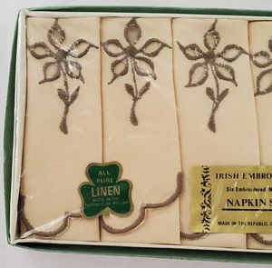 Vintage 6 irische reines Leinen Stickerei braun hellbraun Servietten Set Republik Irland - Bild 1 von 24
