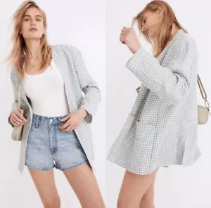 Madewell Linen Collarless Blazer in Gingham Check White Blue Size Small - Picture 1 of 6