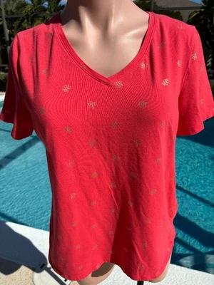 Talbots оранжевый V шеи футболка верхний женщин золото цветы хлопок короткий рукав M - Изображение 1 из 4