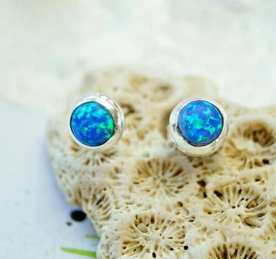 Bauhaus Design Ohrstecker Rund Ø 7 mm 925er Silber Opal synth.Blau Grün Schlicht - Bild 1 von 4