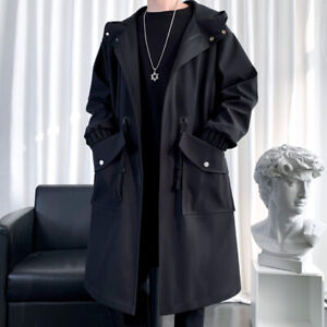 Men Windbreaker Jacket Long Trench Oversize Loose Hooded Coats Casual Outerwear