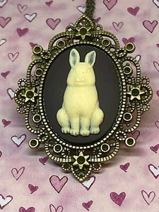 White Rabbit Brown Cameo Brass Statement Pendant Necklace Bunny Fall Festival - Picture 1 of 9