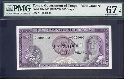 Tonga p-16 , UNC, 5 Pa'anga, 1967 - 73 , Queen Salote , PMG 67 EPQ , SPECIMEN !! - Image 1 of 2
