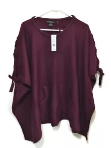 Poncho maglione acrilico stringato MADDEN NYC bordeaux tasche a mano taglia unica nuovo con etichette - Foto 1 di 6