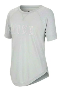 MSRP 25.00 Nike Girl's Dri Fit Short Sleeve Crew Neck Shirt Grey w/ Pink Logo M - Picture 1 of 9