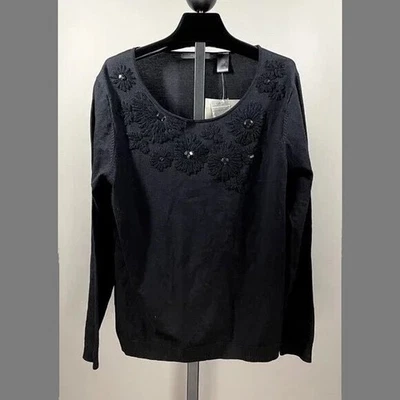 NUEVO Suéter Liz Claiborne Mujer Grande Negro Seda Tejido Floral Pull Over Foto 1 de 4