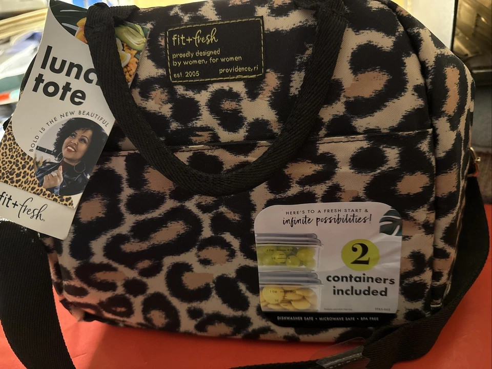 SACOLA DE ALMOÇO FIT & FRESH COM ISOLAMENTO DE LEOPARDO COM 2 RECIPIENTES. NOVO EM FOLHA COM ETIQUETAS - Imagem 1 de 4