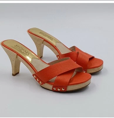 MICHAEL KORS Amelie Mule Sandal Sz 9 Luggage Brown Leather Wood Heel Slide Shoes - Image 1 of 4