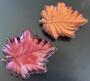 Pair of Glass Fall Leaves Accent Plates / Candy Dishes - Amber and Deep Purple - Picture 1 of 2