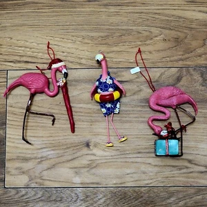 Lot of 3 Flamingo Christmas Ornaments -Pool Float, Present, Stocking Stouffer - Picture 1 of 8