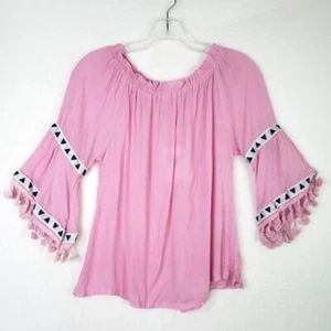 White Mark Tunic Womens S Off Shoulder Top Bell Sleeve Tassel Trim Pink Boho - Picture 1 of 7