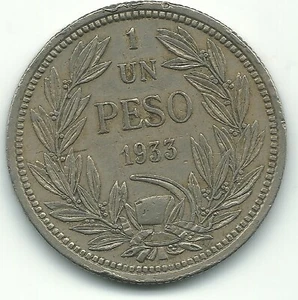HIGHER GRADE 1933 S CHILE 1 UN PESO COIN-DEFIANT CONDOR ON ROCK-AGT299 - Picture 1 of 2