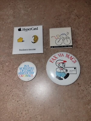 Apple Mac Pins Vintage Fax Wheels Mind Hyper Card Copies Originals Set of Four - Image 1 of 4