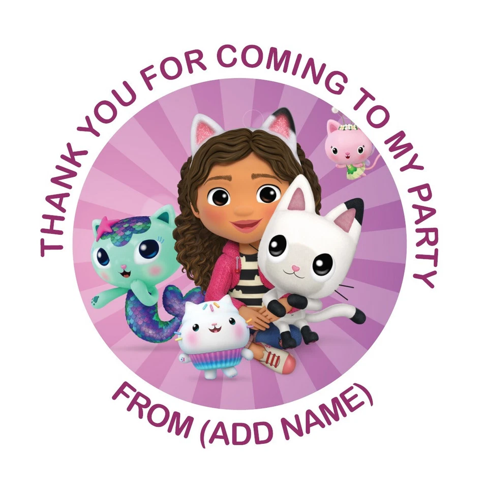 24 x Personalised for Gabby Dollhouse Birthday Stickers, party, favours 45mm