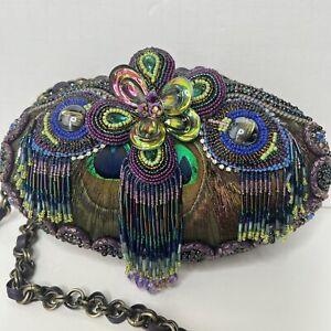 Mary Frances  Handbag Peacock Jeweled Studded Mix Print Beaded Turquoise Purple