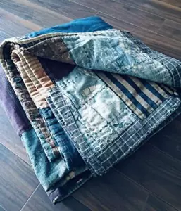 ANTIQUE Japanese BORO Kasuri x Check ART Rag Rug KIMONO 155 x 145 cm 2kg - Picture 1 of 20