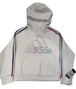 NEW ADIDAS Youth Hoodie Large White Pullover Rainbow Logo Stripe Sweatshirt NWT - Picture 1 of 16