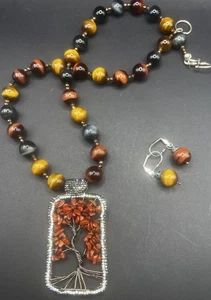 Artist Made Tigers Eye Carnelian Red Jasper Crystal Tree Necklace Earring Set - Picture 1 of 8
