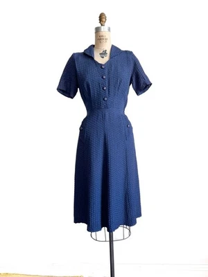 Сладкий винтажный 1950-х темно-синий Plisse собранный день платье M L - Изображение 1 из 4