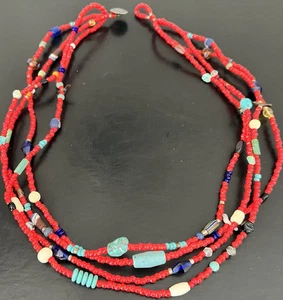 VTG Southwest bird Fetish Multi-4 Strand Glass, stone etc Bead Necklace apx 27" - Picture 1 of 24