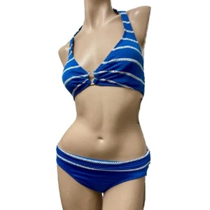 Neu mit Etikett Lauren Ralph Lauren Neckholder-Bikini 6 blau/weiß Spitzenstreifen Hipster-Unterteil - Bild 1 von 8