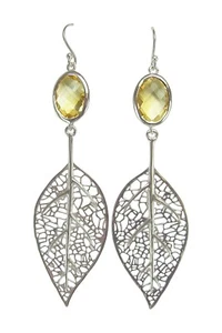 EARRINGS Sterling Silver Leaf Delicate Filigree Earrings w Citrine Stone by S&F - Picture 1 of 5