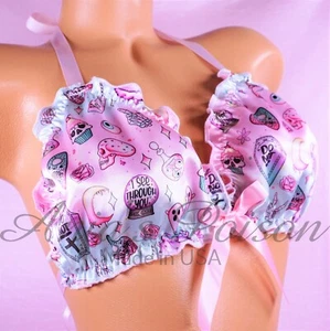 Halloween Sissy Satin baby Pink Wicked shiny bra Tie On triangle one size Top - Picture 1 of 6