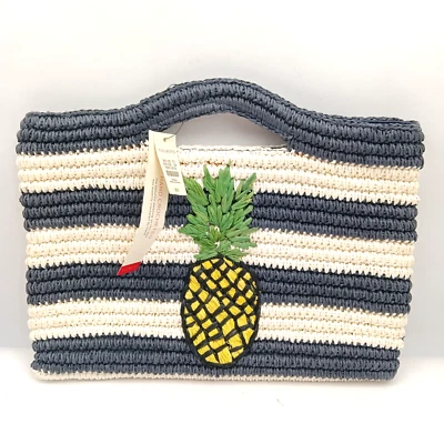 Bolsa de mão TALBOTS de papel de crochê à mão listras de palha e abacaxi - Nova com etiquetas - Imagem 1 de 4