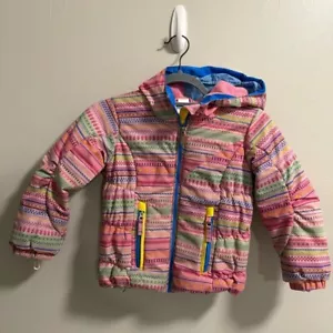 Obermeyer Girls Colorful Stripe Geometric Pink Heavy Winter Coat Ski Jacket Hood - Picture 1 of 5