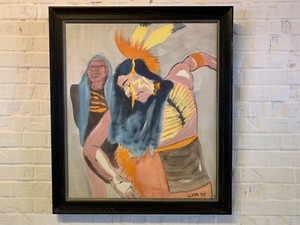 Contemporary Framed Canvas Painting of Native American Dancing Ward 95